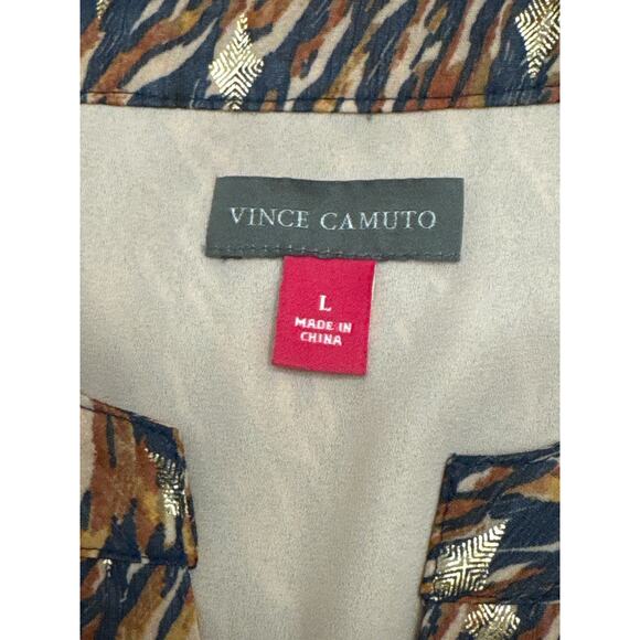 Vince Camuto Brown and Gold Long Sleeved Split Neck Mini Dress Large - Picture 8 of 9